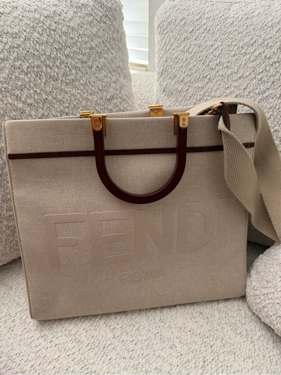 Fendi Handbags - Fendi Beige Canvas Tote with Brown Leather Handles and Gold Hardware